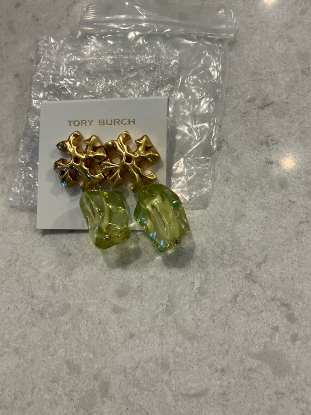 Tory Burch Lime Green Resin and Gold Floral Drop Earrings